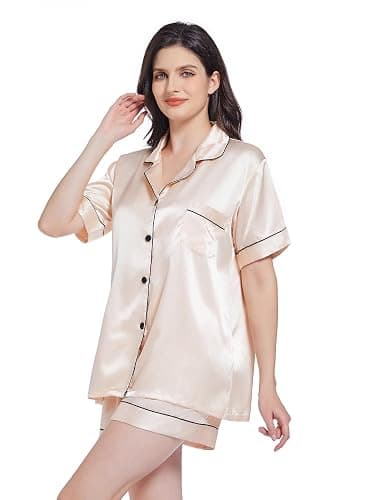 Gemschest Women Silk Satin Pyjamas Set: Ladies Pajamas Bottoms Short Sleeve 2 Piece Pjs Soft Button-down Woman Nightwear thumbnail 4