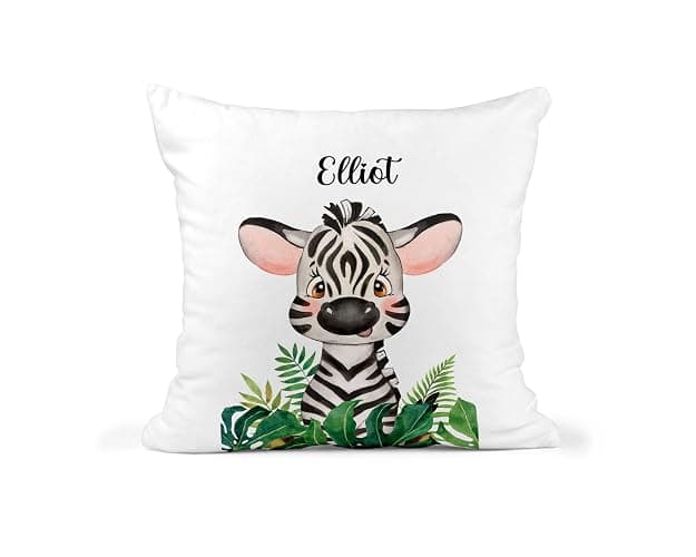 Custom Kids Jungle Cushion | Personalised Scatter Cushion | 100% Polyester Throw Pillow | Nursery Decor | New Baby Gift | 40cm x 40cm | Elephant, Giraffe, Tiger, Sloth, Zebra, or Hippo Design thumbnail 4