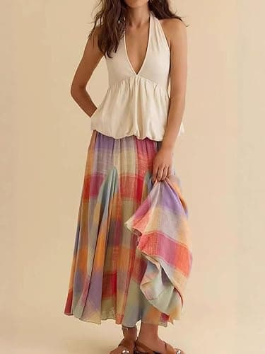 CHARTOU Women Multicolour Plaid Ruffle Elastic Waist Flowy Long Skirt Summer Ruche Color Block Gingham Skirt thumbnail 2