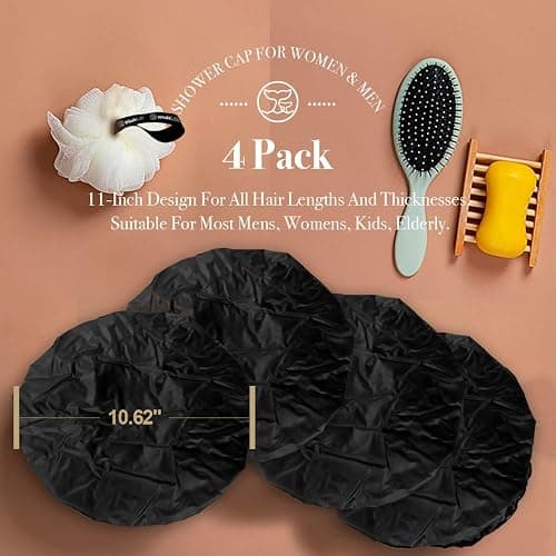 Extra Large Reusable Shower Cap for Men, Women (Black 4 Pack ) Satin Double Layer EVA Waterproof Long Hair Cap thumbnail 4