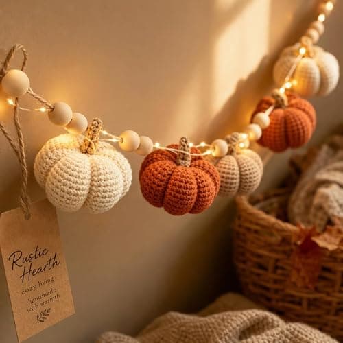 Fall Crochet Thanksgiving Pumpkin Garland, Hand‑Knitted Pumpkin Beaded Hanging String, Pre‑Assembled Autumn Mantel Garland for Halloween Thanksgiving Boho Home Wall Party Decor, 78.74 Inch thumbnail 2