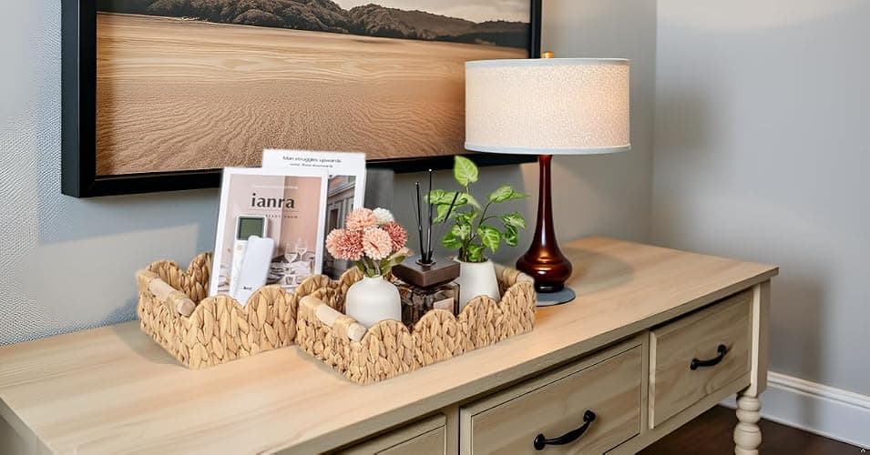 Kriitools Decorative Toilet Paper Storage Basket, Modern Farmhouse Home Decor Scalloped Basket for Organizing, Pantry Baskets for Shelves, Countertop, Living Room, w/Wood Handles, Natural, 2 Sizes thumbnail 7