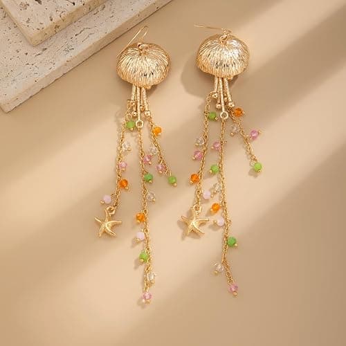 BOOZIQ Gold Starfish Earrings for Women Sea Shell Earrings Summer Beach Long Dangle Drop Earring Ocean Themed Dangling Earring Boho Beach Mermaids Jewelry thumbnail 4