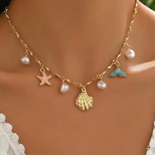 Shell Starfish Necklace for Women, 14k Gold Plated Boho Layered Beaded Charm Pendant Necklace, Dainty Adjustable Pearl Conch Summer Beach Vacation Jewelry Gifts thumbnail 2