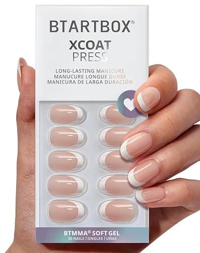 BTArtbox Press On Nails Short - Lamp-Curable Oval White French Tips Press On Nails with Glue for Women, Semi-Transparent Soft Gel Glue On Nails in 15 Sizes - 30 Stick On Nails Kit, Chic Twins - Image 1
