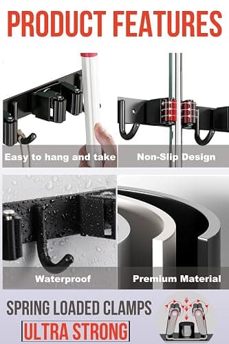 FODARSAI Mop and Broom Holder Wall Mount, Upgraded Broom Hanger Wall Mount, Stainless Steel Broom Organizer for Closet Garage Laundry Room Kitchen Wall Decor(3Racks 4Hooks Black) thumbnail 3