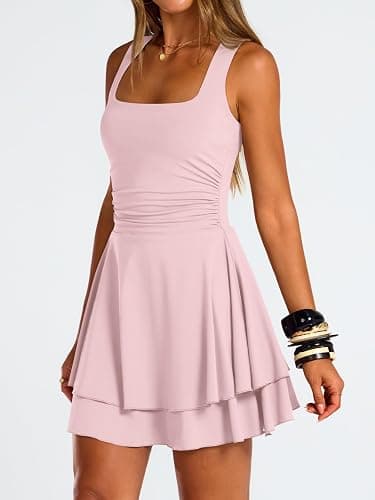 Trendy Queen Women's Square Neck Summer Party Flowy Ruffle Hem Ruched Waist Mini Dress - Image 1