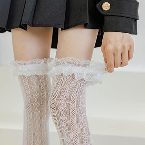 EHOTER Lolita Fischnetz Oberschenkelhohe Socken Herz Gestreift Spitze Rüschen Overknee Strümpfe Damen Kniestrümpfe Mädchen Spitze Netzstrümpfe Lolita Lose Socken Halloween Kostüme thumbnail 2