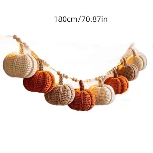 Fall Crochet Thanksgiving Pumpkin Garland, Hand‑Knitted Pumpkin Beaded Hanging String, Pre‑Assembled Autumn Mantel Garland for Halloween Thanksgiving Boho Home Wall Party Decor, 78.74 Inch thumbnail 8