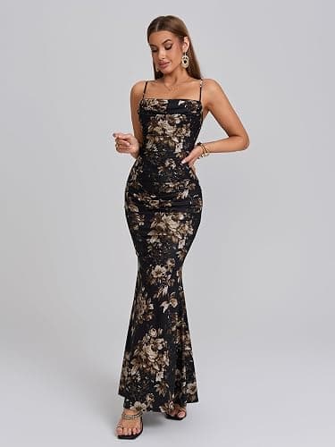 EYNMIN Women's Sleeveless Bodycon Corset Maxi Dress Spaghetti Strap Ruched Elegant Evening Wedding Guest Long Formal Dresses - Small - Black Floral thumbnail 3