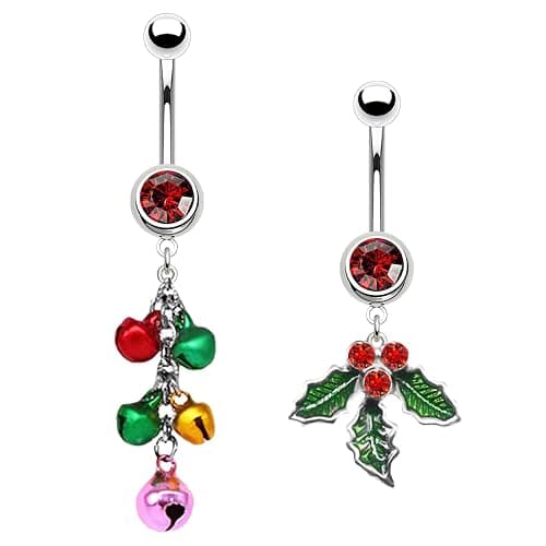 FLOGWE 316L 2 PCS Christmas Dangle Mistletoe Belly Button Rings 14G Stainless Steel Jingling Bell Navel Rings for Women Belly Piercing Jewelry - Image 1