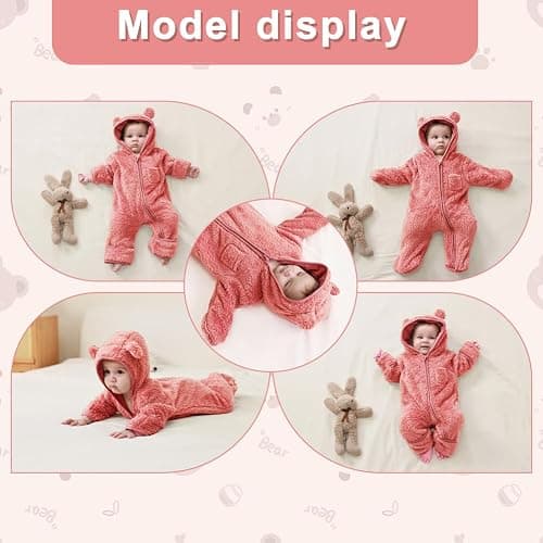 AiWMGL Newborn Baby Bear Outfit With Fold-Over Mittens and Footies Girls Boys Winter Fleece Clothes Hooded Romper Snowsuit thumbnail 6
