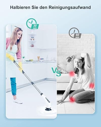 Elektrische Reinigungsbürste,Electric Spin Scrubber schnurlos mit 8 austauschbaren Bohrbürstenköpfen, Wanne und Bodenfliese mopSet mit 137cm verstellbarem Griff für Bad Küche Auto Fußboden (Weiß) thumbnail 3
