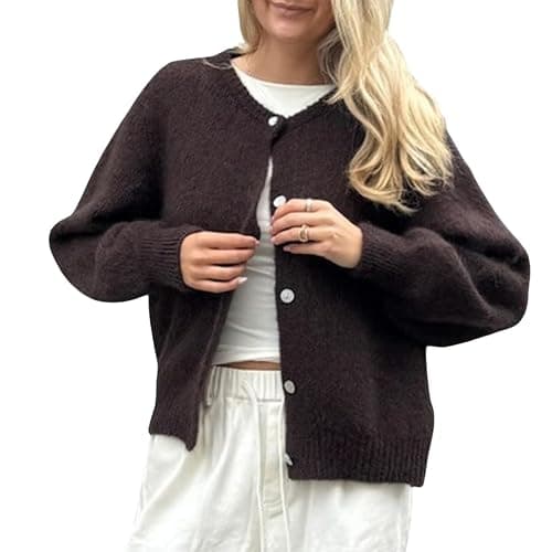 YILEEGOO Women's Solid Color Knit Cardigan Top V Neck Fuzzy Long Sleeve Button Down Sweaters - Image 1