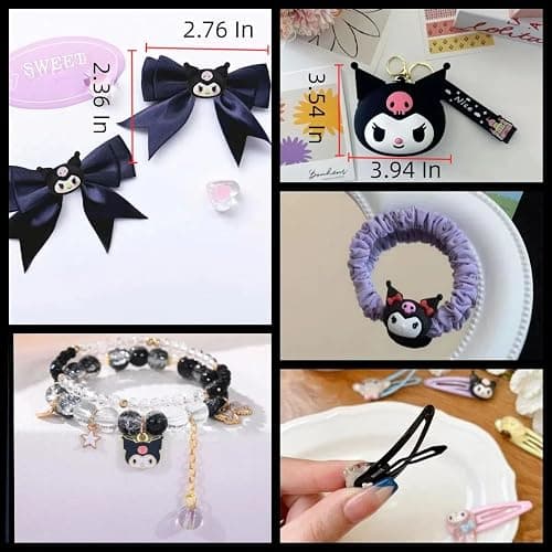 WINBBY 117Pcs Kawaii Cute Stuff Gifts Set Include Headband,Pouch, Hair Band, Hair Ties & Clips, Hairpin, Stickers, Necklace,Bracelet, Keychain(Black) thumbnail 3