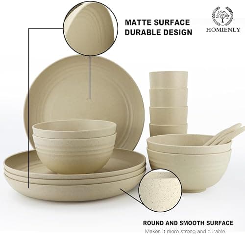 Homienly Wheat Straw Dinnerware Sets, 20pcs Lightweight Unbreakable Dinnerware, Microwave Dishwasher Safe Bowls Cups Forks Spoons set,Perfect for Camping Outdoor, Beige thumbnail 5