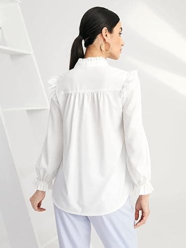 WDIRARA Women's Pleated Ruffle Trim Flounce Long Sleeve Mock Neck Blouse Top thumbnail 3