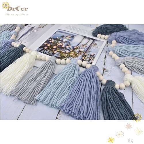 DrCor Coastal Boho Tassel Garland - Handmade Dusty Blue Yarn Banner for Classroom, Nursery, Kids Bedroom, Office, Baby Shower, Birthday Party, Back to School Decor - Jeans thumbnail 2