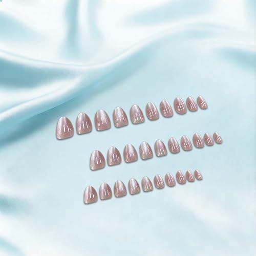 JOYVVEW Cat Eye Press on Nails Short - Glitter Ombre Pink Press On Nails Oval, Chrome Fake Nails with Shimmer Finish, Sturdy Quality, Reusable Almond Stick On Nails for Women, 30 Pcs 15 Sizes thumbnail 5
