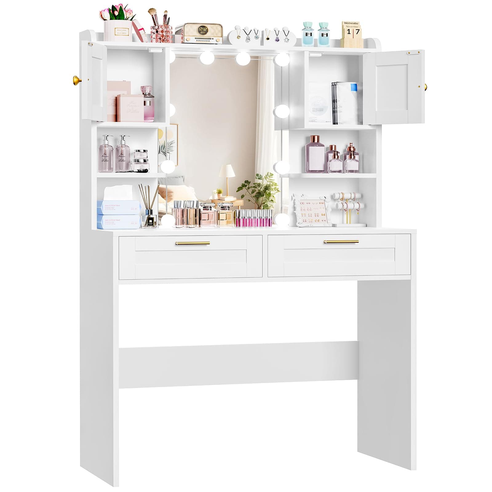 FIONESO Makeup Vanity Desk with HD Mirror & 10 Lights, Dressing Table with 2 Cabinets & 2 Shelves, Makeup Vanity Table with 2 Drawers & 3 Lighting Modes, Vanity Desk Set for Girls & Women, White thumbnail 8