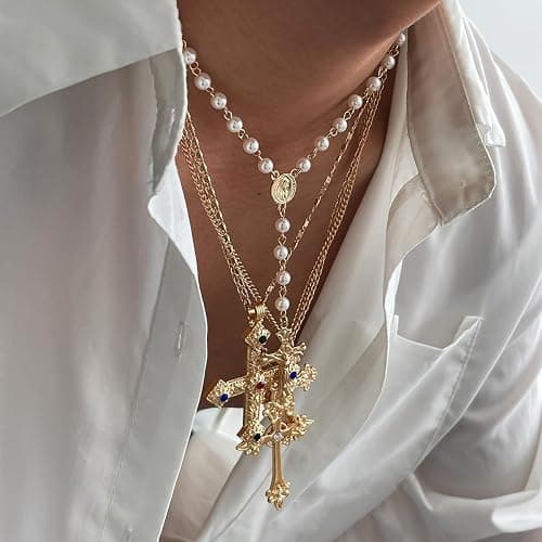 Gold Color Cross Pendant Necklace Set for Women,Dainty Big Crystal Cross Imitation pearl Layered Chain Necklace Summer Party Jewelry thumbnail 3