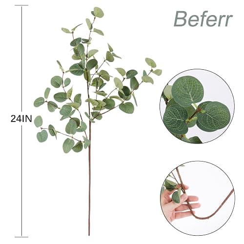 Beferr 6Pcs Artificial Eucalyptus Stems Greenery Stems 24" Tall Fake Plants Decor Faux Floral Stems for Vase Home Party Wedding Decorations thumbnail 3