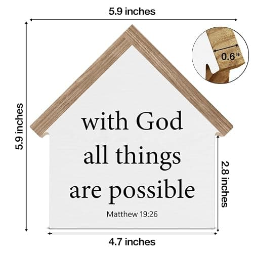 Christian Home Decor, Bible Verse with God All Things are Possible Matthew 19:26 House Shaped Wood Block Sign, Home Living Room Decor for Desk Table Shelf thumbnail 2