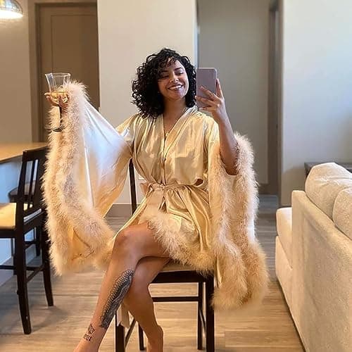 yinyyinhs Women's Feather Robe Silk Satin Bridal Dressing Gowns Short Nightgown Bathrobe Sleepwear Maternity Photoshoot Robe thumbnail 6