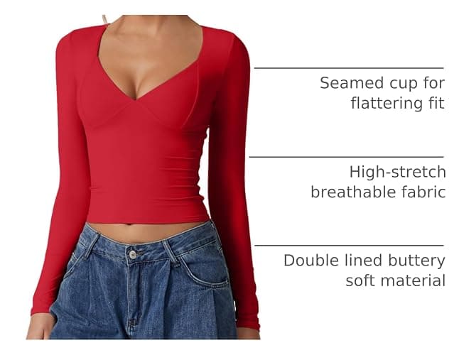 QINSEN Women's Long Sleeve V Neck T Shirts Double Lined Crop Top Seamed Cup Going Out Tops thumbnail 4