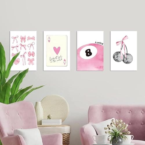 Lidy 4 PCS Pink Bow Disco Cherry and 8 Ball Lucky Aesthetic Decor Poster Wall Art Decor Canvas Poster Gifts for College Girly Preppy Dorm Room Coquette Pink Decor 8x12 inch (20x30cm Unframed) thumbnail 5