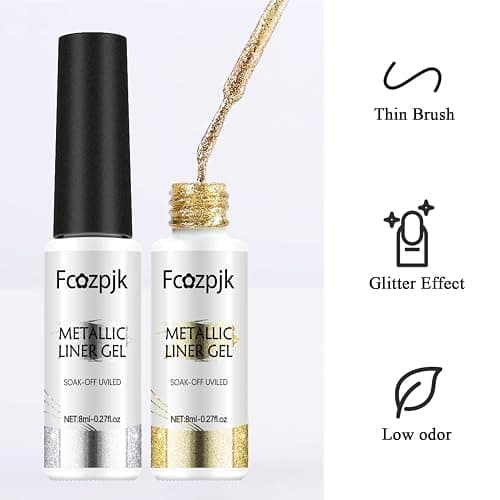 Fcozpjk Gel Liner Art Set 2PCS Sparkle Glitter Silver Gold Gel Polish 8ml Soak Off UV Painting with Built in Thin Nail Brush Swirl Nails Design Dotting Drawing French Manicure Tip Tool thumbnail 3