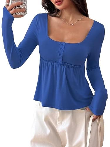 SOLY HUX Women's Babydoll Tops Long Sleeve Henley Shirts Cute Square Neck Coquette Peplum Top - Image 1