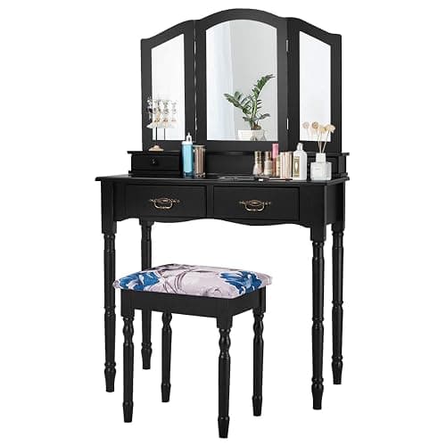 Giantex Vanity Set with Tri-Folding Mirror, Makeup Dressing Table with 4 Drawers and Storage Shelf, Modern Bedroom Bathroom Makeup Vanity Desk with Cushioned Stool for Girls Women (Black) - Image 1