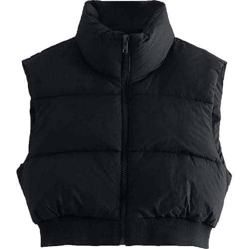 Shiyifa Women's Fashion High Neck Zipper Cropped Puffer Vest Jacket Coat - Image 1
