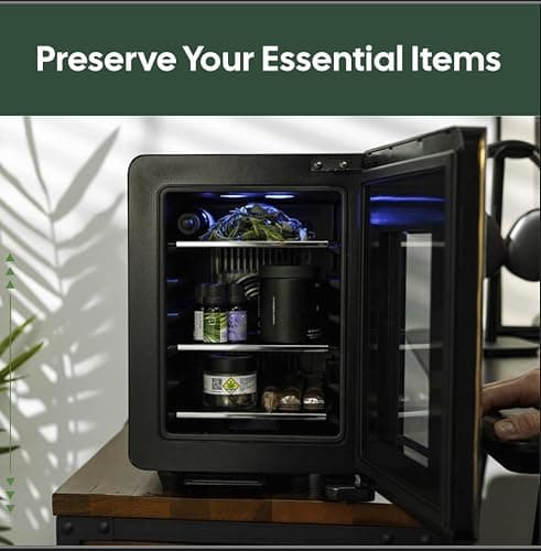 Terpkooler Essential Cooler Compact Portable Mini Fridge with Temp & Humidity Control, 3 USB Ports, Smoked Glass Shelves, Lockable UV Glass Door for Herbs, Oils, Cosmetics, and More thumbnail 3