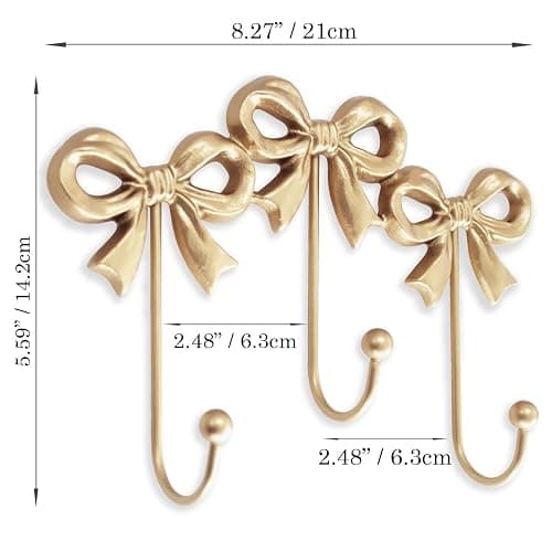 Small Bow Wall Hook,Gold Wall Mounted Functional Hooks,Antique Gold Cast Iron Hook for Coats,Bags, Bath Towels,Room Decorations,Girls Room,Bathroom,Office(Three-Bows Hooks:8.27x5.59 inches) thumbnail 5