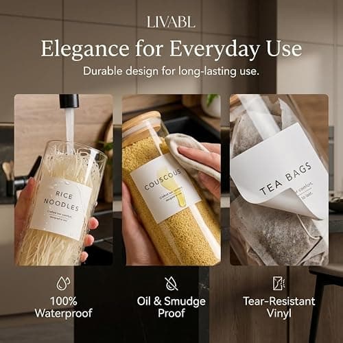 Livabl 420 UK Designed Pantry Labels for Jars - Stylish Minimalist Food White Labels Stickers for Jars | Kitchen Organisation - Durable Design for Long-Lasting Use | Includes Tea Coffee Sugar thumbnail 7