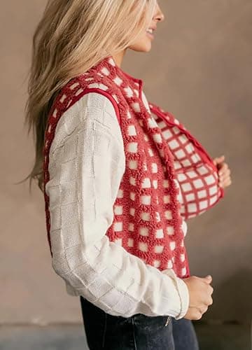 Rvnsu Women's Zip Up Sherpa Vest Checkered Fleece Vest Fall Winter Sleeveless Cardigan Warm Collared Outerwear Vests thumbnail 4