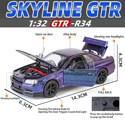 ERBADIHAGO Toy Car Skyline GTR R34 Model Car 1/32 Die-cast Metal Toys with Light and Sound Pull Back Collectible Model for Children Age 3 + Year Old Festival Gift(Gradient Purple) thumbnail 3