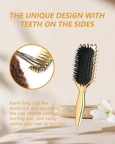 Curl defining brush, Curl Hair Brush, Curl Define Styling Brush, for Combing and Shaping Men's and Women's Curls boar bristle hair brush-Gold plating thumbnail 3