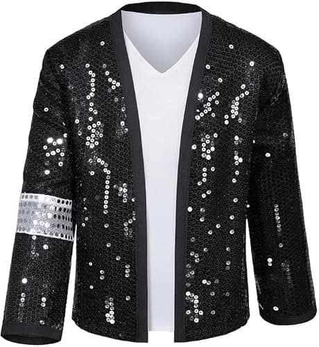 Beita Pop Star Halloween Costume Set, Black Sequin Jacket, Trousers, Hat, Gloves, 80s Retro Stage Outfit, 7 Piece thumbnail 4