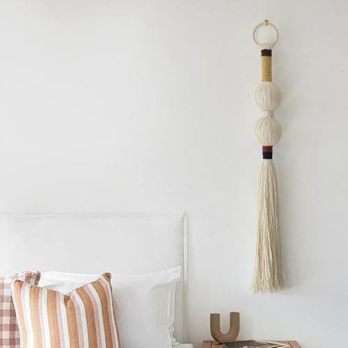 Macrame Wall Hanging Boho Decor Yarn Wall Art Small Sphericity Cotton Textile Tassel Hanging Fiber Art for Living Room Bedroom 27'' L x 2.3'' W - Ivory1 thumbnail 4