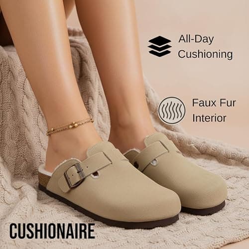 CUSHIONAIRE Women's Hana Cork footbed clog with Genuine Leather upper, Faux Fur lining, and +Comfort thumbnail 4