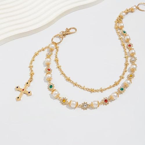 Fashion Layered Pants Wallet Chains - Exquisite Gold Silver Rhinestone Flower Pearl Jean Pocket Chain for Women Men Cute Bag Purse Charms Jewelry thumbnail 3