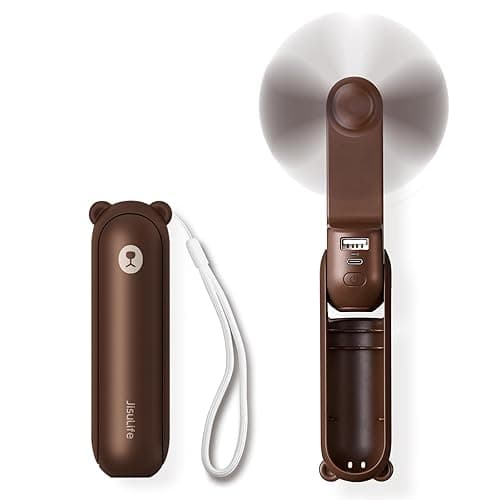 JISULIFE Handheld Mini Fan, 3 IN 1 USB Rechargeable Portable Fan [12-19 Working Hours] with Power Bank, Flashlight, Pocket Design for Travel/Summer/Concerts/Lash, Gifts for Women (Brown)