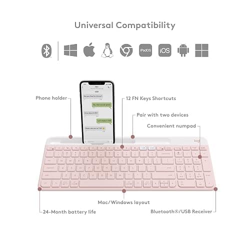 Logitech K585 Multi-Device Slim Wireless Keyboard, Built-in Cradle for Device; for Laptop, Tablet, Desktop, Smartphone, Win/Mac, Bluetooth/Receiver, Compact, Easy Switch, 24 Month Battery - Rose thumbnail 3