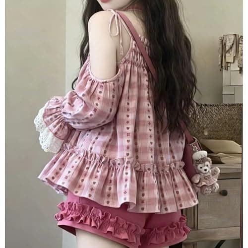 OATSBAS Women's Y2K Kawaii 2 Piece Outfit, Pink Polka Dot Camisole Dress & Red Shorts Mix and Match Set thumbnail 5