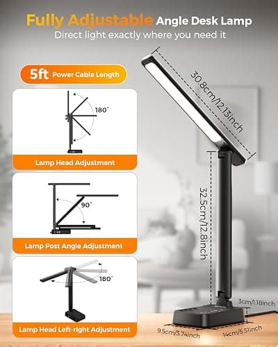 Airlonv LED Desk Lamp for Office Home, Power Strip with 3 Outlets 4 USB Charging Ports(2 USBC), 4 Modes 5 Level Brightness Desk Light, Small Desk Lamp for College Dorm Room Essentials thumbnail 4