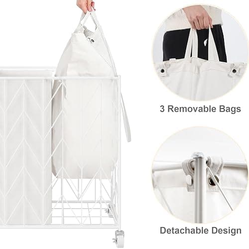 WOWLIVE Laundry Basket with Wheels, Heavy Duty Laundry Hamper with Wood Lid, Clothes Hamper with Divided Removable Liner Bag, Large Capacity Iron-Made Laundry Sorter Laundry Room Organization (White) thumbnail 5