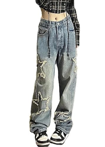 AULKEEP Womens Star Print Gradient Jeans Loose Ripped Graphic Pants Punk High Waist Bottom Jeans with Pocket thumbnail 3